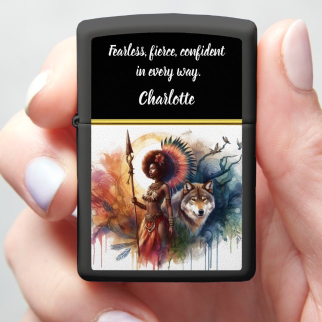 Warrior woman with wolf at dawn zippo lighter (In Hand)