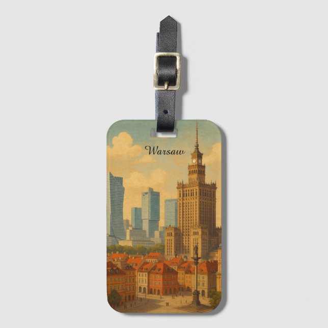 Warsaw Poland Skyline Vintage Illustration Luggage Tag (Front Vertical)