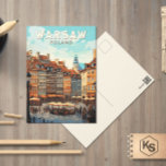 Warsaw Poland Travel Art Vintage Postcard<br><div class="desc">Warsaw retro vector travel design. It's a captivating blend of architectural styles,  from the charming Old Town to the towering Palace of Culture and Science.</div>