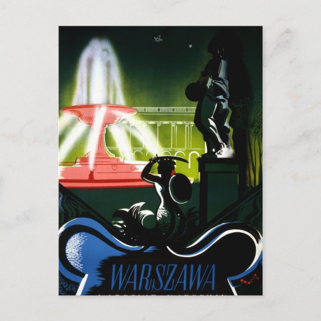Warsaw Poland Vintage Travel Poster Restored Postcard (Front)