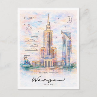 Warsaw Skyline Watercolor | Poland Cityscape Holiday Postcard
