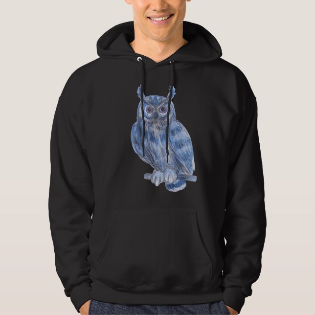 Warter Colour Painting Bold Blue Owl Hoodie (Front)