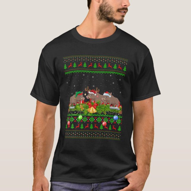 Warthog Lover Xmas Lighting Santa Ugly Warthog Chr T-Shirt (Front)