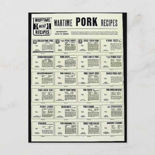 Wartime Pork Recipes Postcard