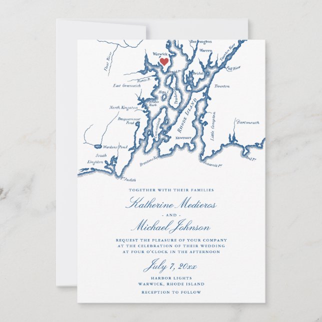 Warwick RI Map Elegant Navy Blue Wedding Invitation (Front)