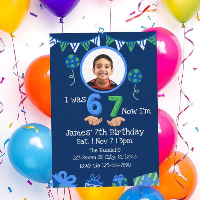 Was 6 Now 7, Blue Green Picture 7th Birthday Invitation (Creator Uploaded)