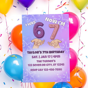 Was 6 Now 7, Pink Star 7th Birthday Invitation
