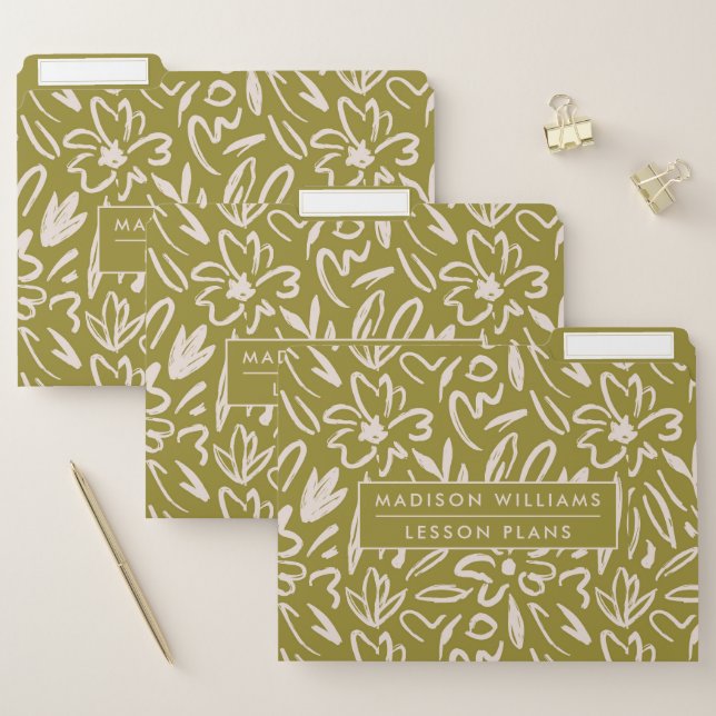 Wasabi Green Abstract Boho Floral Pattern  File Folder (Set)