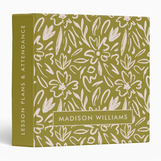 Wasabi Green Abstract Boho Pattern Teacher Planner 3 Ring Binder (Front/Spine)