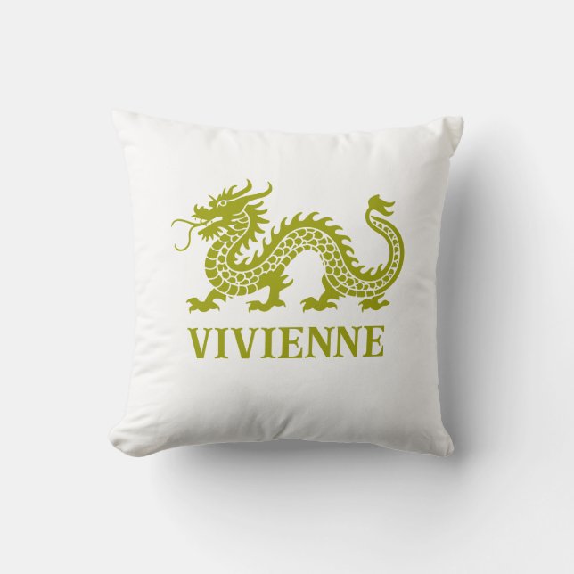 Wasabi Green Chinoiserie Dragon Custom Name Throw Pillow (Front)