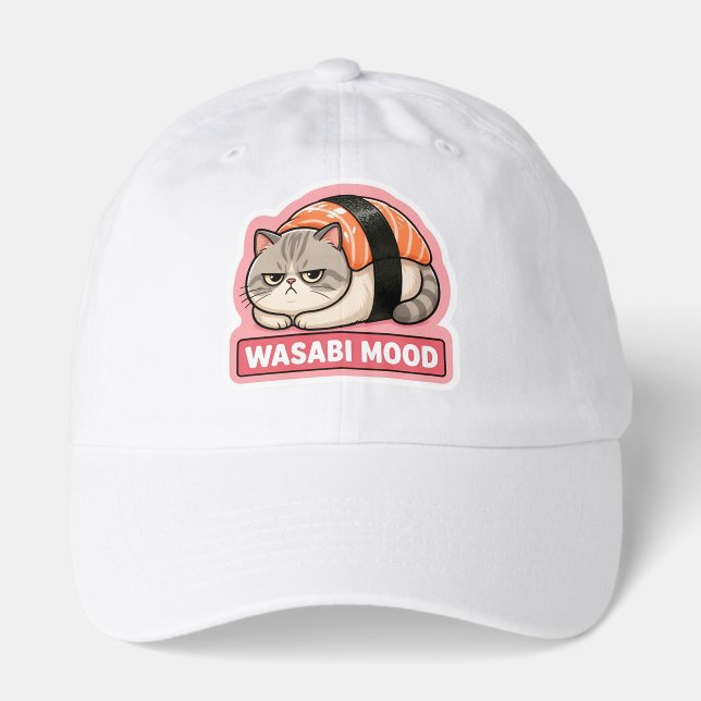 Wasabi Mood Funny Grumpy Cat Sushi Meme Hat (Front)