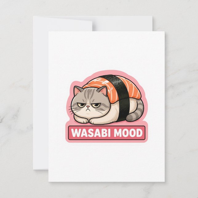 Wasabi Mood Funny Grumpy Cat Sushi Meme Note Card (Front)