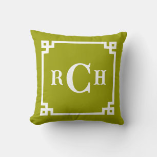 Wasabi Reverse Chinoiserie Greek Key Monogram Throw Pillow