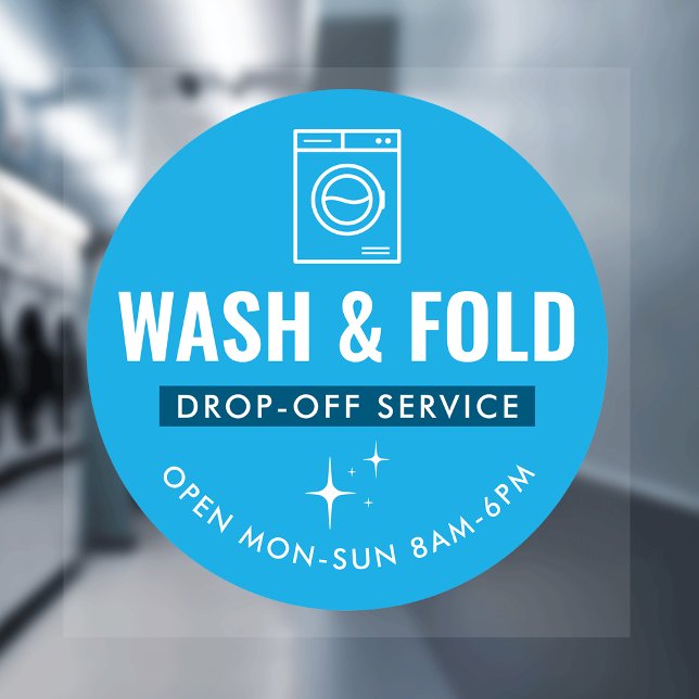 Wash and Fold Service Laundry Dry Cleaners Blue Window Cling (Modern blue and white Wash & Fold marketing window cling sign)