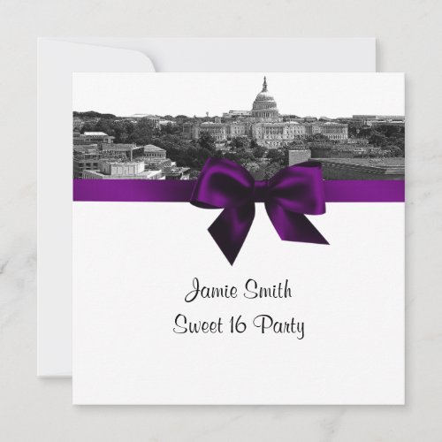 Wash DC Skyline Etched BW Purple Sweet Sixteen SQ Invitation