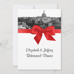Wash DC Skyline Etched BW Red Rehearsal Dinner Invitation