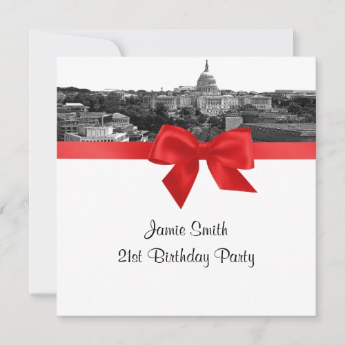 Wash DC Skyline Etched BW Red SQ Birthday Party Invitation