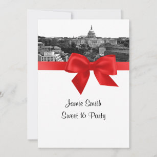 Wash DC Skyline Etched BW Red Sweet Sixteen Invitation