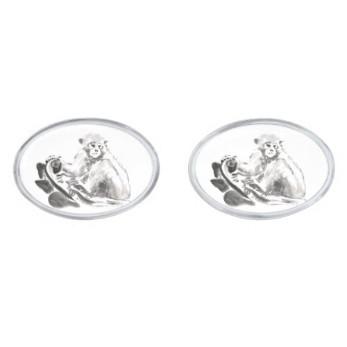 Wash Painting Monkey Year Zodiac Oval Cufflinks