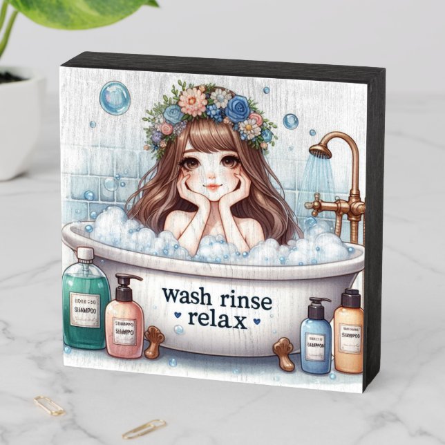 Wash Rinse Relax Cute Bathroom  Wooden Box Sign (In Situ Horizontal)