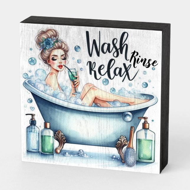 Wash Rinse Relax Cute Bathroom  Wooden Box Sign (Angled Horizontal)