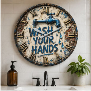 Wash Your Hands Bathroom Rustic Farmhouse  Large Clock