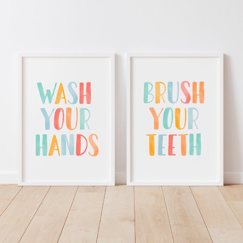 Wash Your Hands Brush Your Teeth Kids Bathroom Wall Art Sets