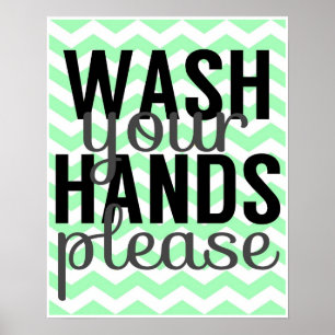 Wash Your Hands Please - Chevron - Mint and Grey Poster