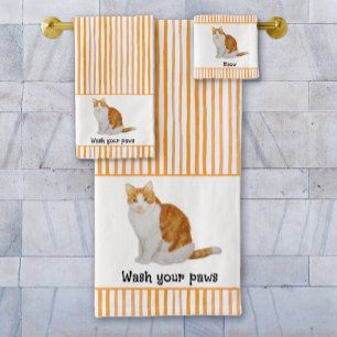 Wash Your Paws Orange Cat Watercolor Stripes Bath Towel Set