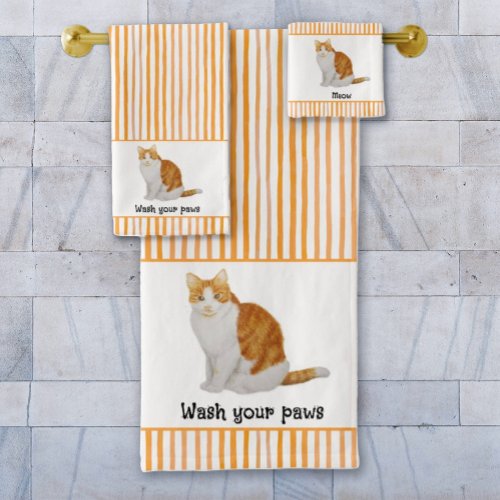 Wash Your Paws Orange Cat Watercolor Stripes  Bath Towel Set