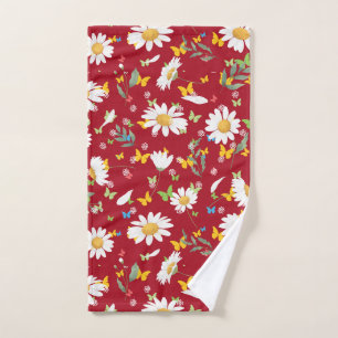 Washcloth or Hand Towel, Daisies on Red Background