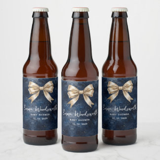Washed Navy Blue Night Sky Golden Bow Baby Shower Beer Bottle Label