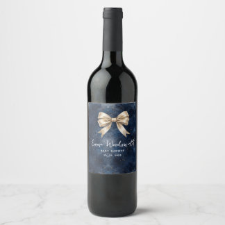 Washed Navy Blue Night Sky Golden Bow Baby Shower Wine Label