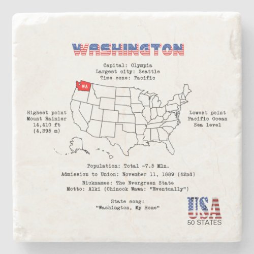 Washington American state on a map and useful info Stone Coaster