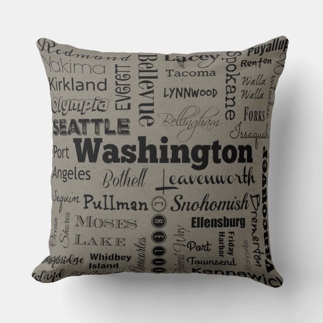 Washington cities typography pillow in gray/black (Front)