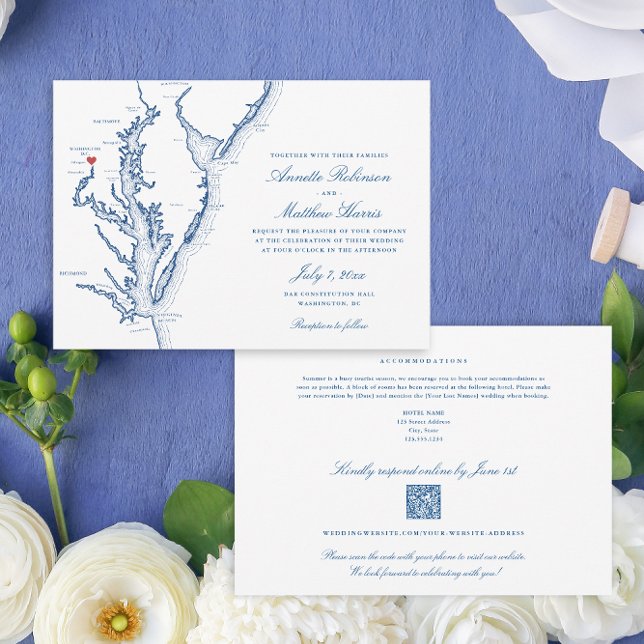 Washington DC all-in-one QR code RSVP Blue Wedding Invitation (Washington DC All-in-One QR code Wedding invitation in elegant navy blue from Coastal Map Designs)