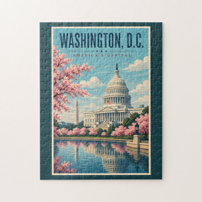Washington DC Cherry Blossoms Illustration Travel Jigsaw Puzzle (Vertical)