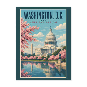 Washington DC Cherry Blossoms Illustration Travel Postcard