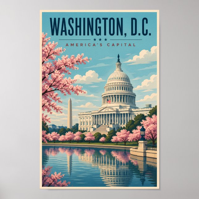 Washington DC Cherry Blossoms Illustration Travel Poster (Front)