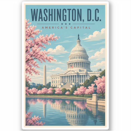 Washington DC Cherry Blossoms Illustration Travel Sticker