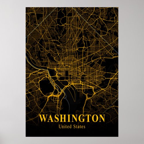 Washington DC City Map Gold American Cities Map Poster