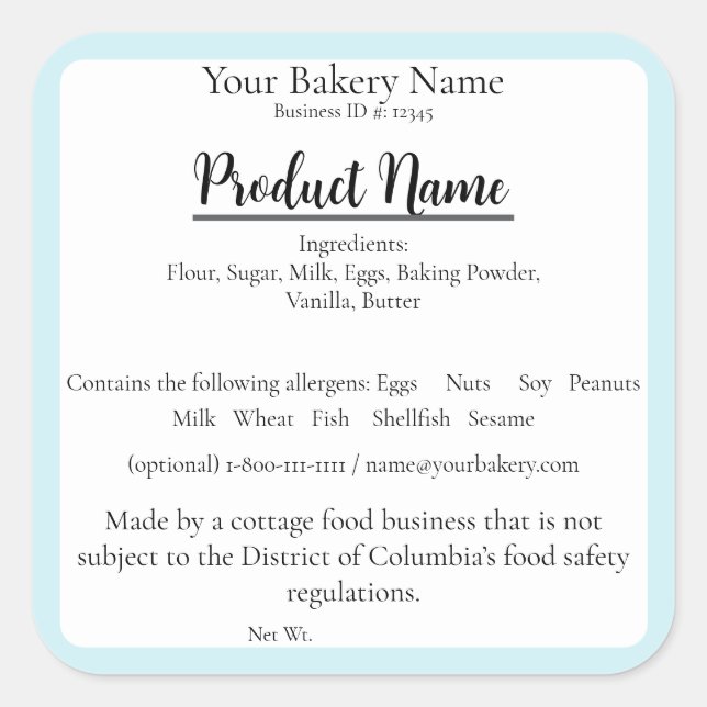 Washington DC Cottage Food Business Baking Label (Front)