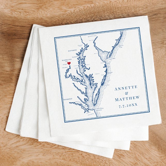 Washington DC Elegant Navy Blue Map Wedding Napkins (These Washington DC map custom wedding napkins are perfect for your DC destination wedding)