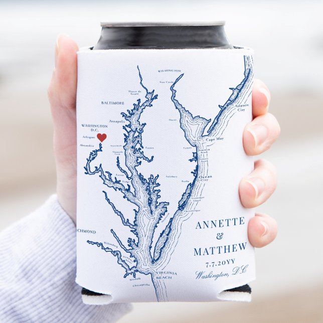 Washington DC Elegant Wedding Favor Can Cooler (Washington DC Map Wedding Favor coozie with elegant navy blue Chesapeake Bay map)