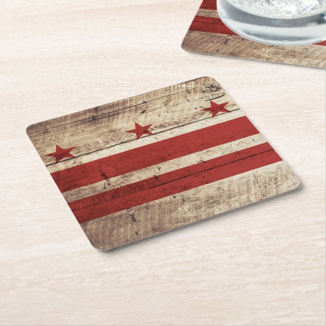 Washington DC Flag on Old Wood Grain Square Paper Coaster (Angled)