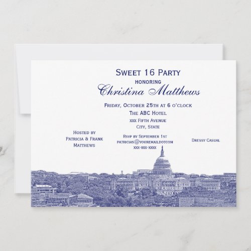 Washington DC Navy Skyline Silhouette Sweet 16 Invitation