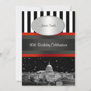 Washington DC Skyline Blk Wht Stripe Birthday Invitation