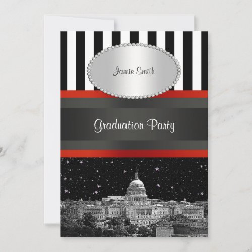 Washington DC Skyline Blk Wht Stripe Graduation Invitation