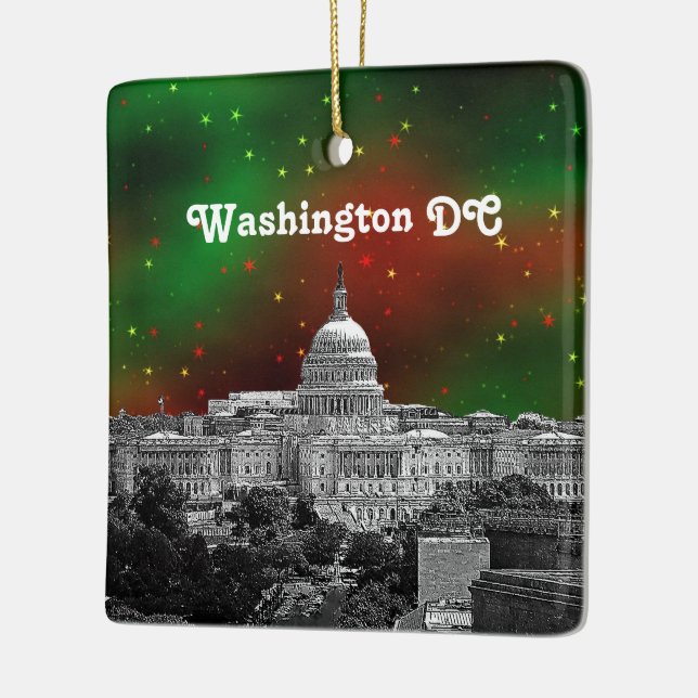 Washington DC Skyline Green Red Starry Sky Xmas Ceramic Ornament (Left)