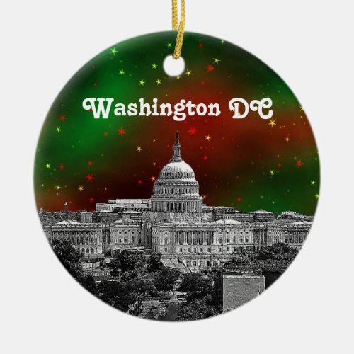 Washington DC Skyline Green Red Starry Sky Xmas Ceramic Ornament